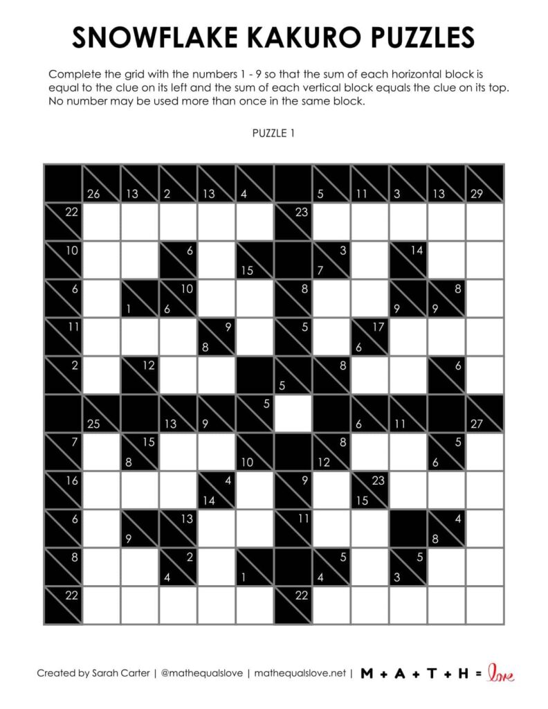 snowflake kakuro puzzle 1 to a page printing option. 