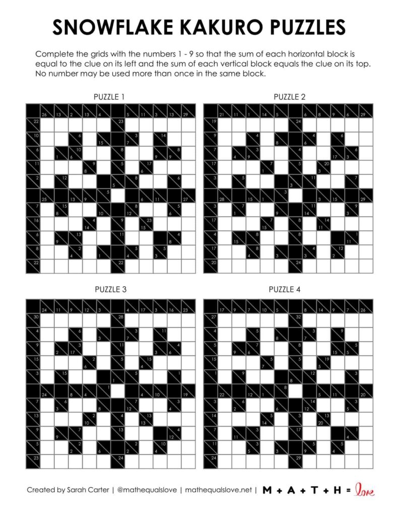 snowflake kakuro puzzles free printable pdf for winter. 