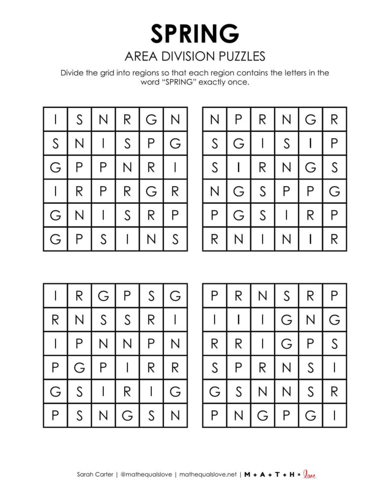 spring area division logic puzzle free printable pdf.