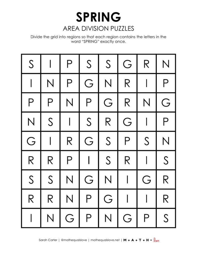 spring area division logic puzzle free printable pdf.