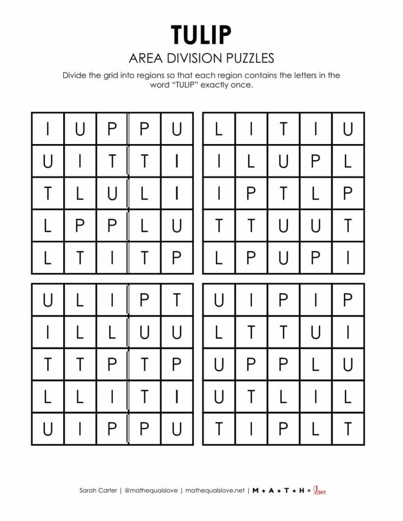 tulip area division logic puzzle for spring.