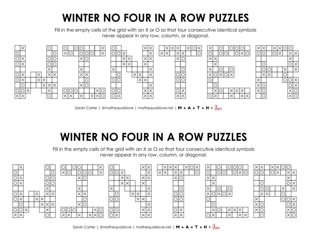 winter no four in a row logic puzzle free printable pdf. 