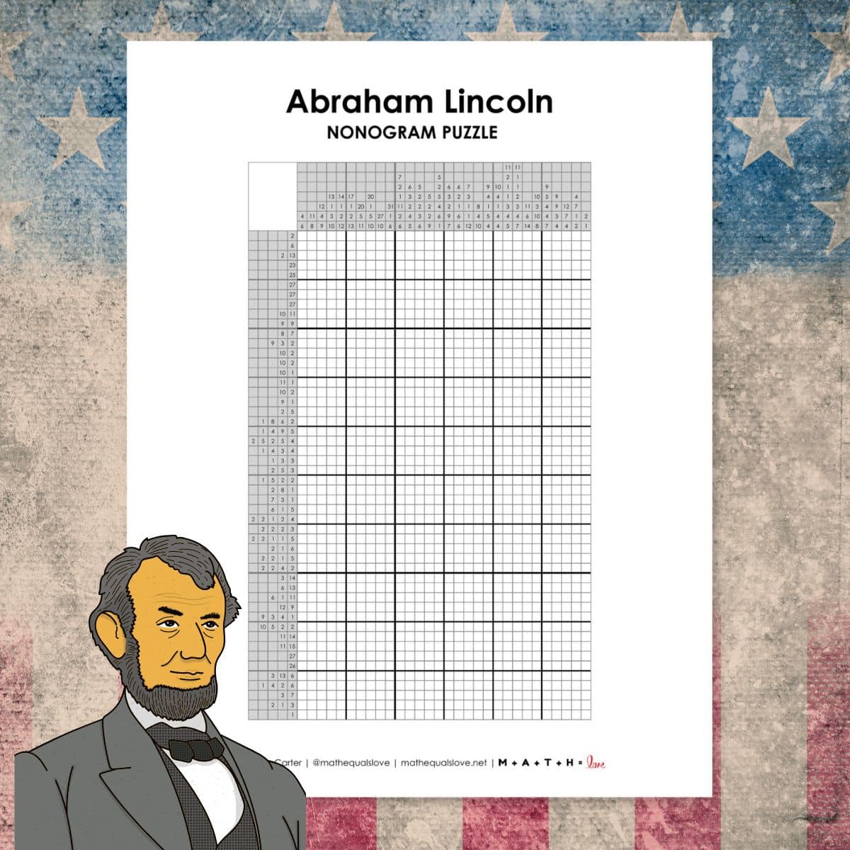 Abraham Lincoln Nonogram Puzzle for Presidents' Day.
