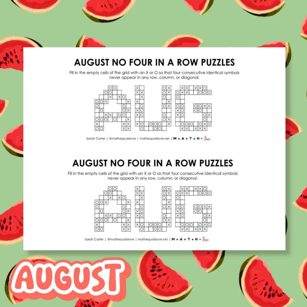 August no four in a row logic puzzles free printable pdf. 