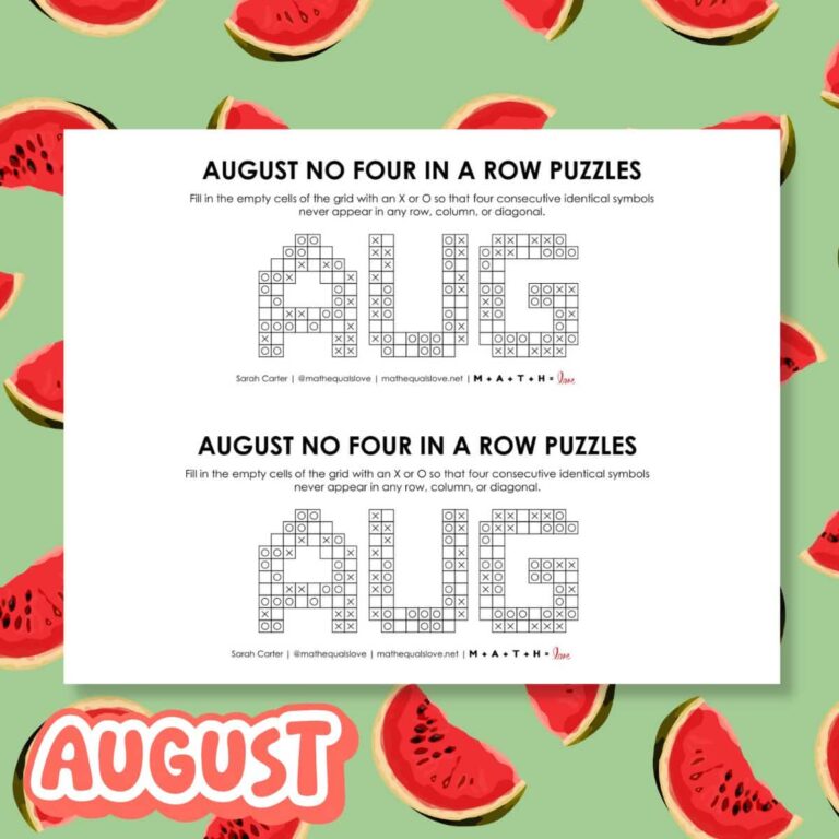 August no four in a row logic puzzles free printable pdf.