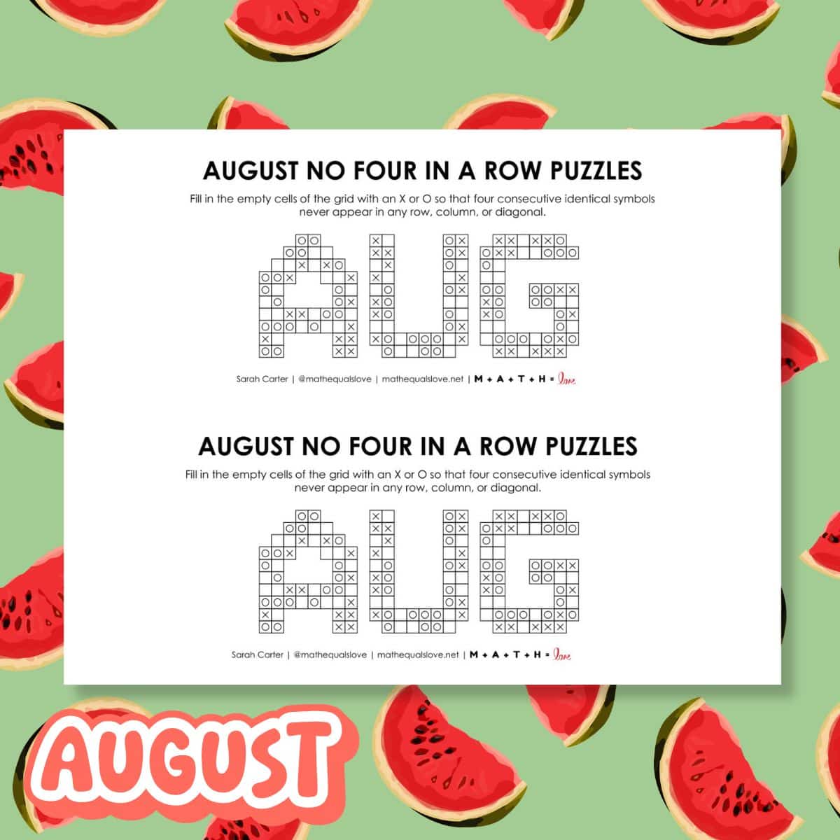 August no four in a row logic puzzles free printable pdf.