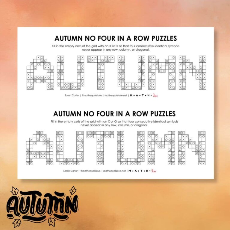 autumn no four in a row printable logic puzzle for fall.