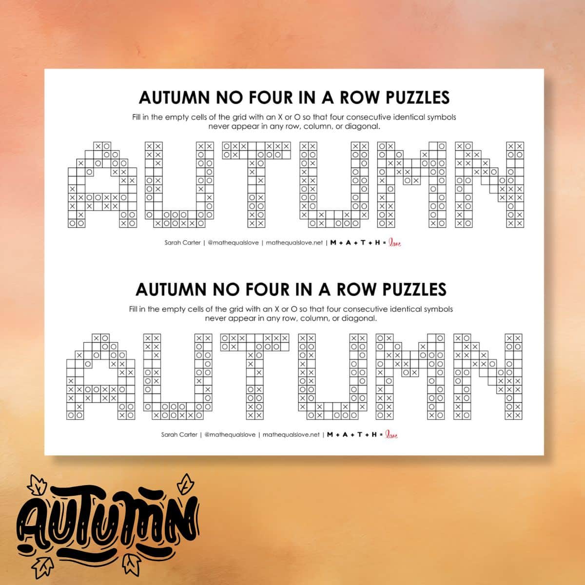 autumn no four in a row printable logic puzzle for fall.