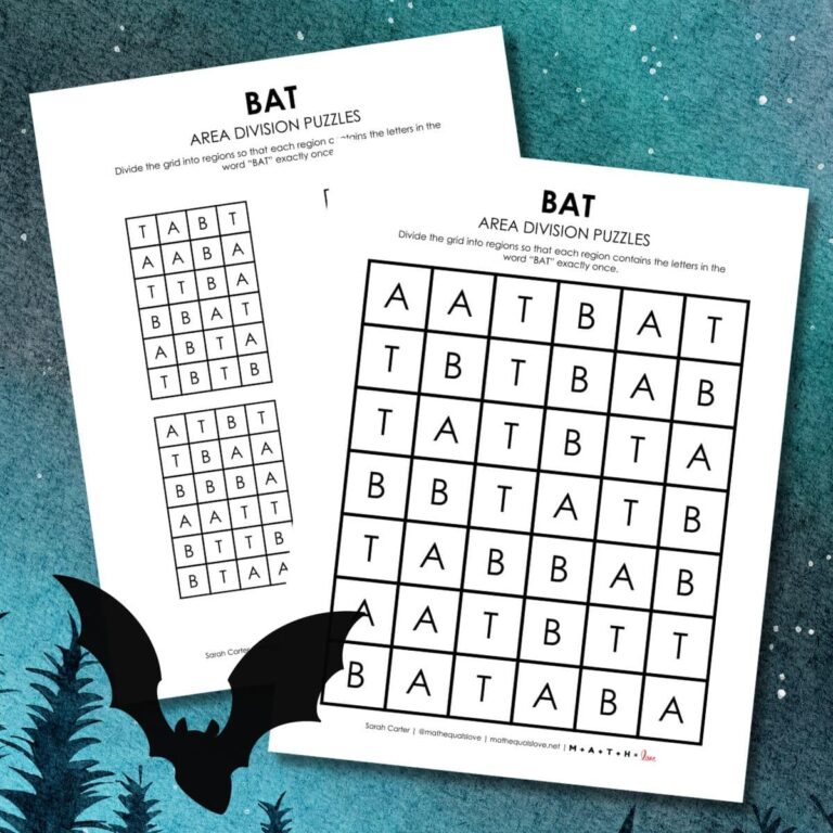 bat halloween area division logic puzzle free printable pdf.