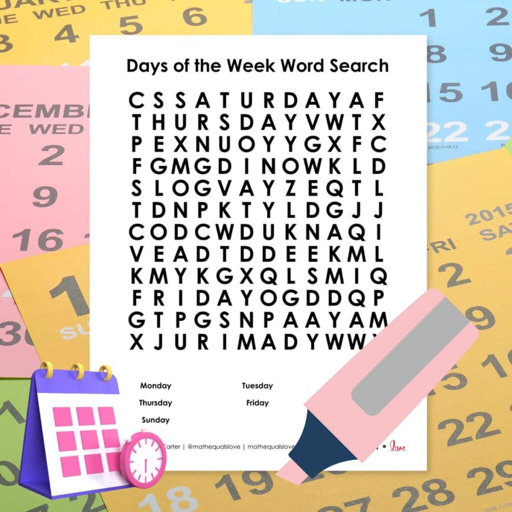 days of the week word search free printable pdf.