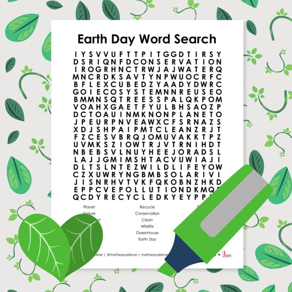 earth day word search free printable pdf puzzle.