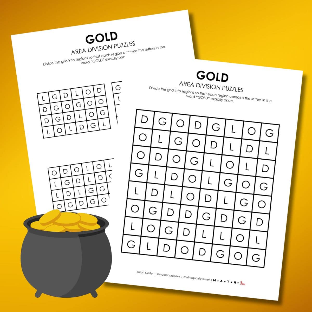gold area division logic puzzle for st patrick's day.