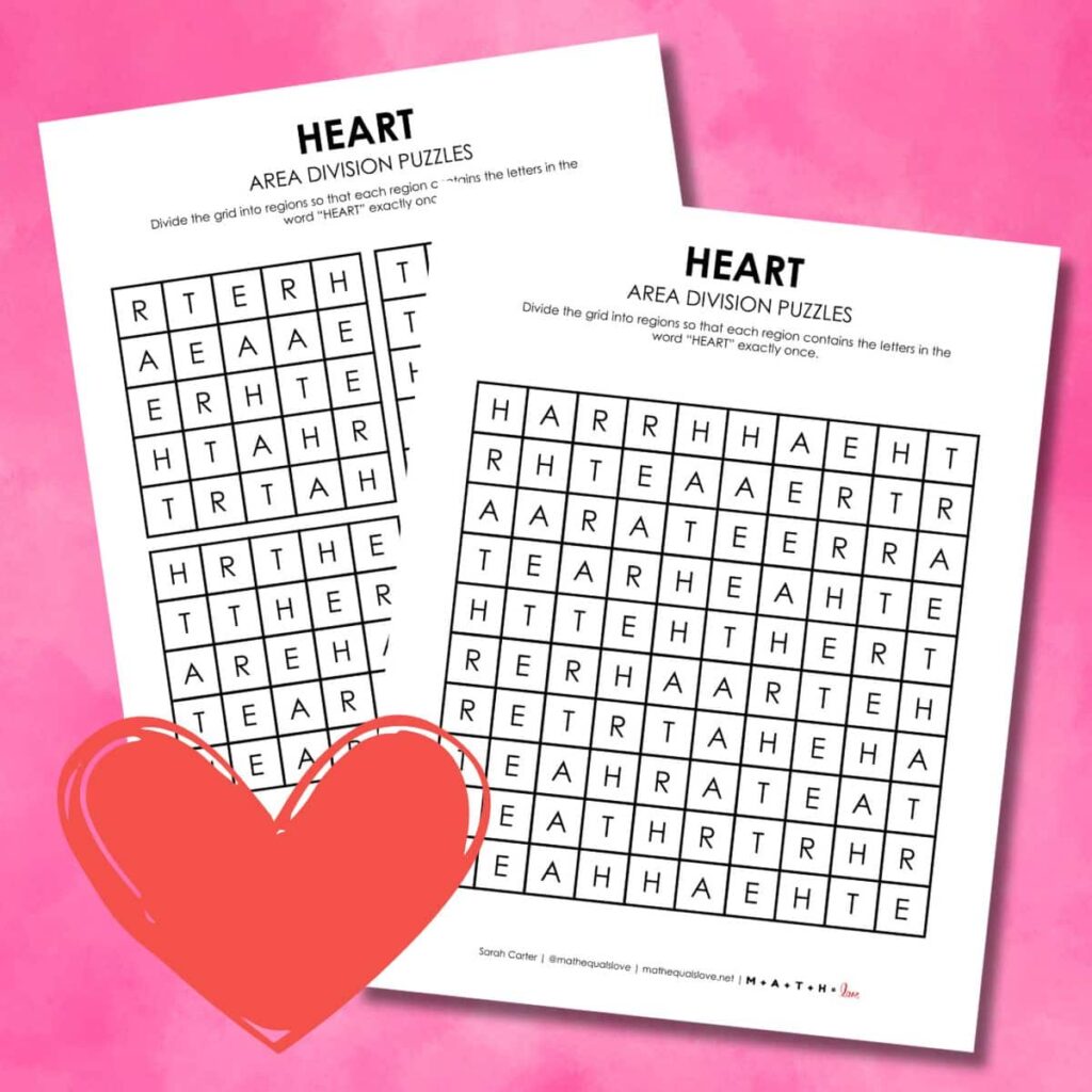 heart area division logic puzzles for valentine's day.