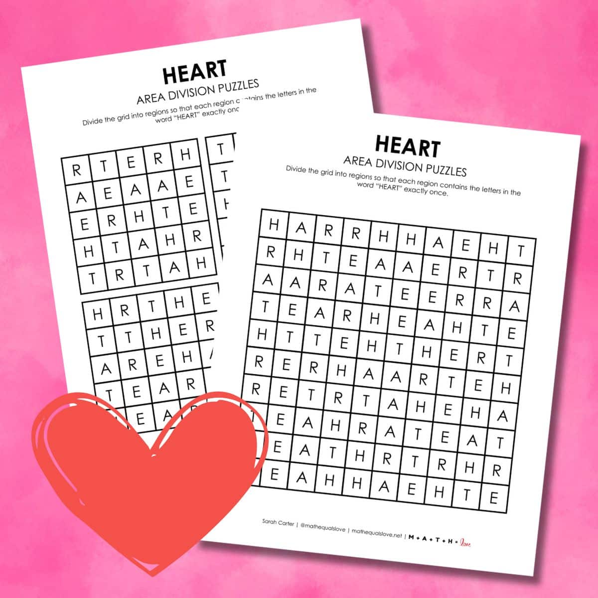 heart area division logic puzzles for valentine's day.