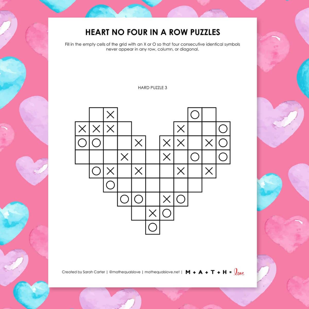 heart no four in a row logic puzzles for valentine's day.