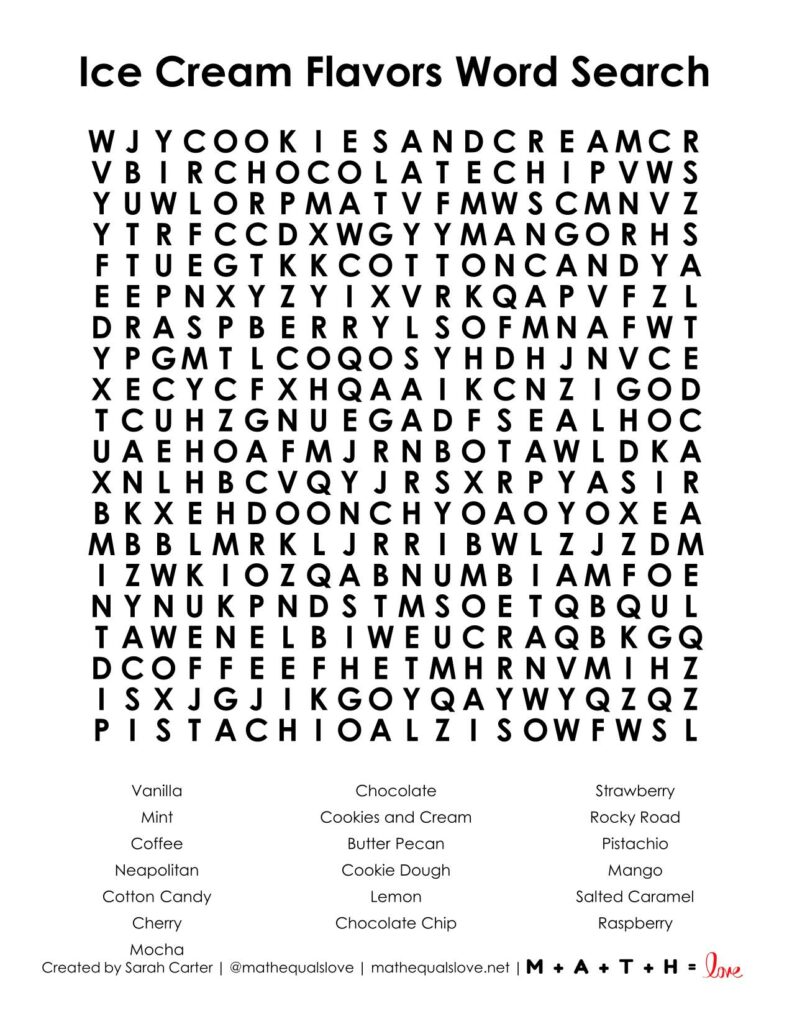 ice cream flavors word search puzzle printable pdf free. 