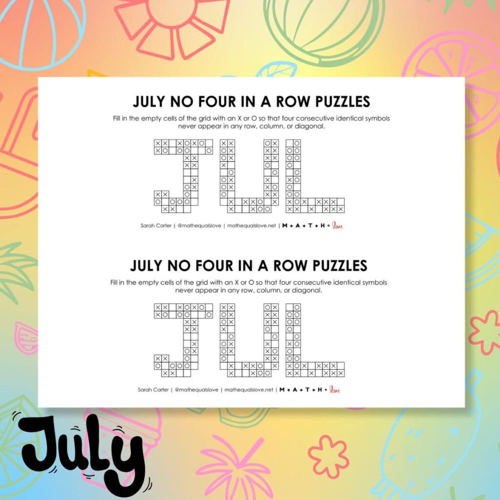 july no four in a row logic puzzles. 