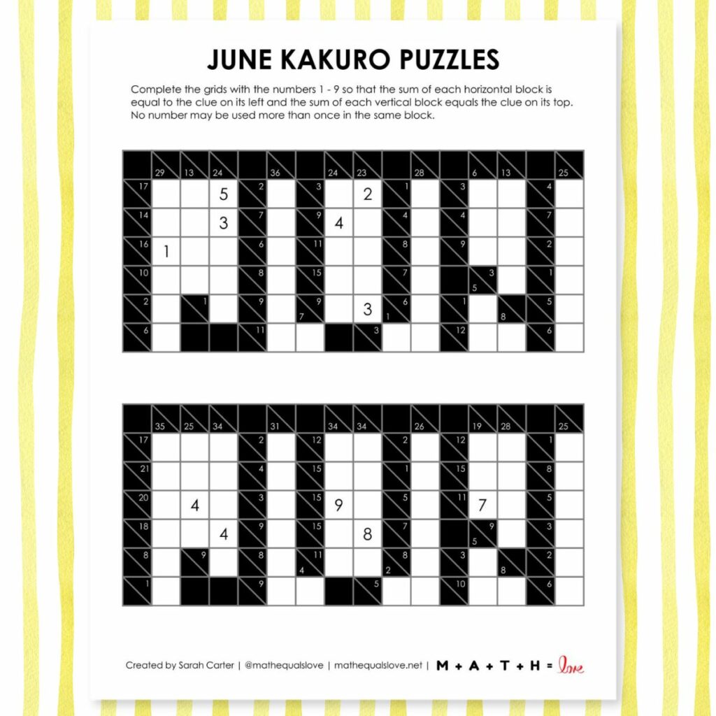 June Kakuro Logic Puzzle Fere Printable PDF.