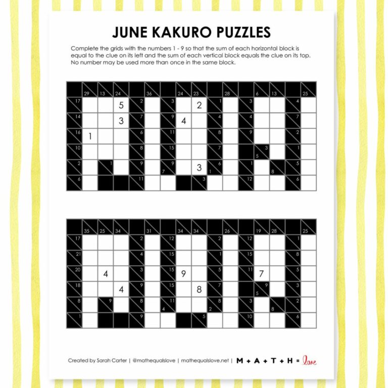 June Kakuro Logic Puzzle Fere Printable PDF.