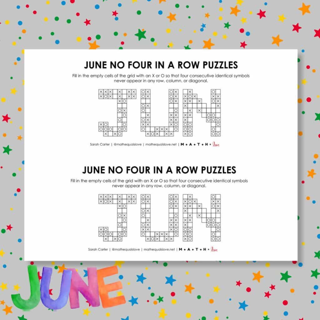 june no four in a row logic puzzles free printable pdf.