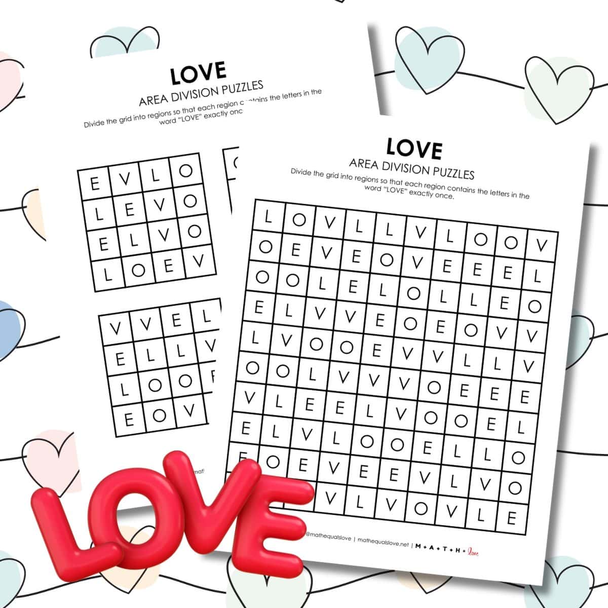 love area division logic puzzle for valentine's day.