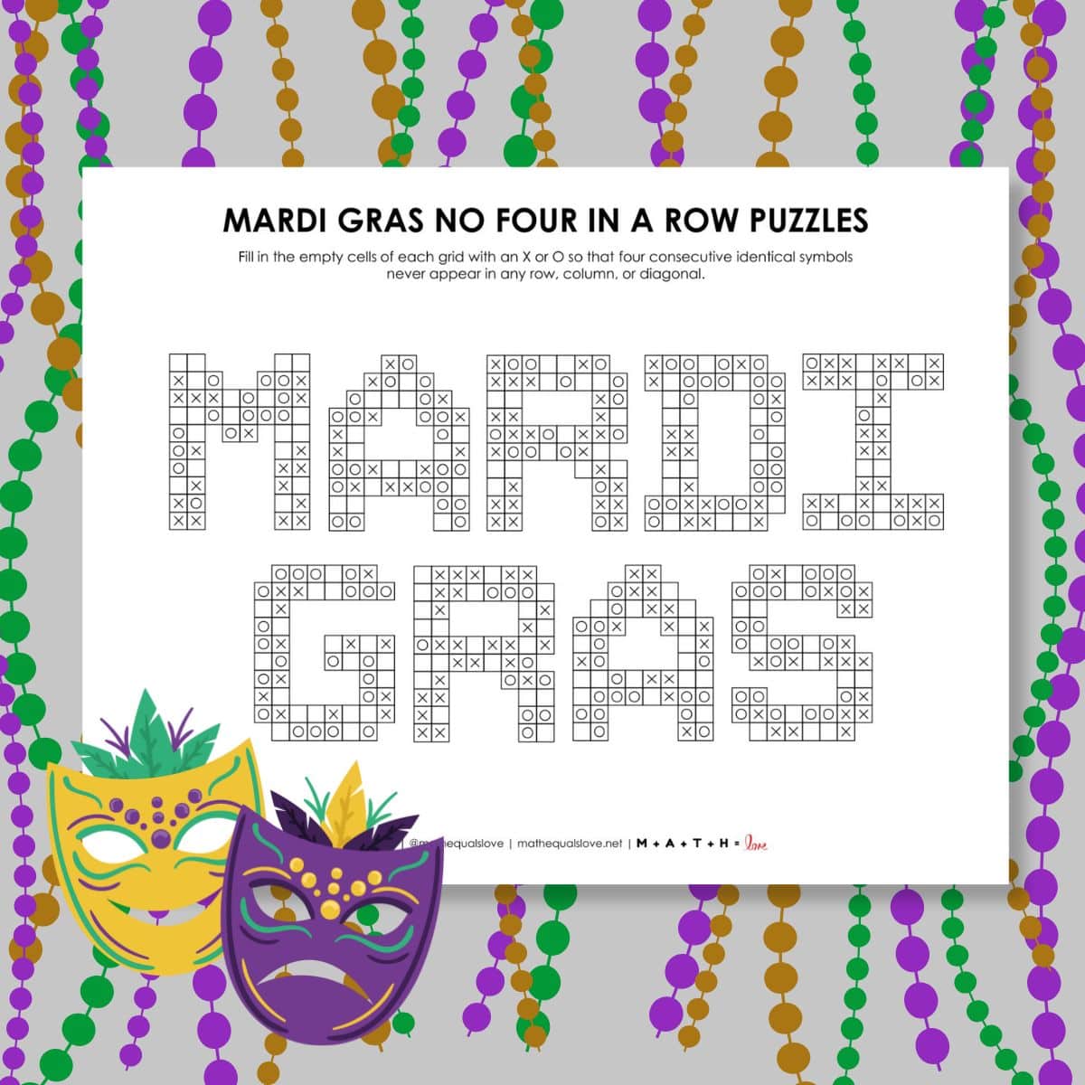 Mardi Gras No Four in a Row Logic Puzzles.
