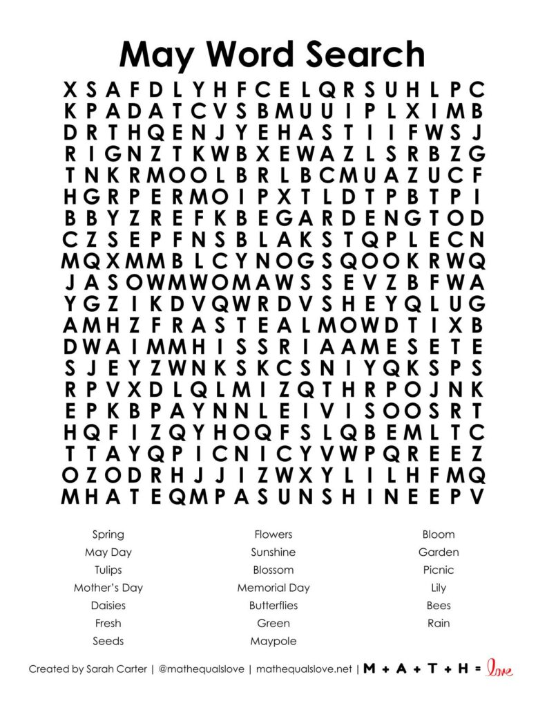 free printable word search puzzle (pdf) for month of may.