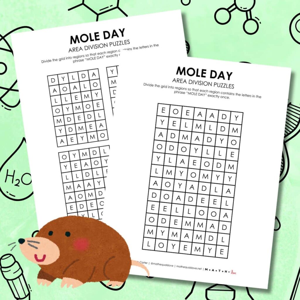 mole day area division logic puzzles free printable pdf. 