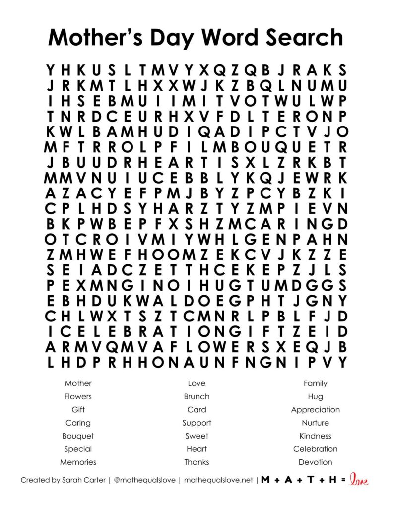 mother's day word search puzzle printable pdf for free.