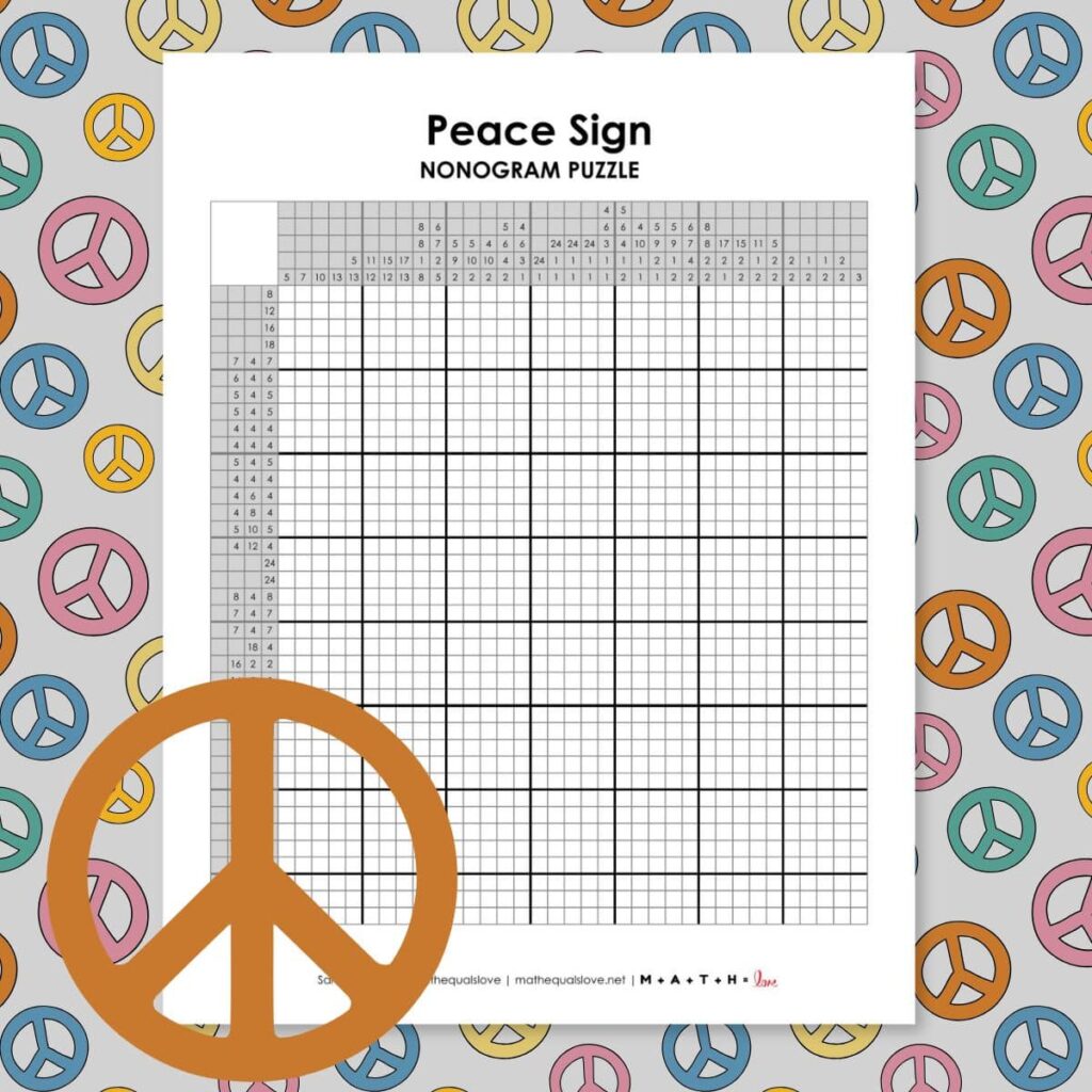 peace sign nonogram puzzle free printable pdf.