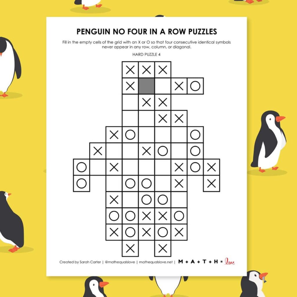 penguin no four in a row logic puzzle for winter. 