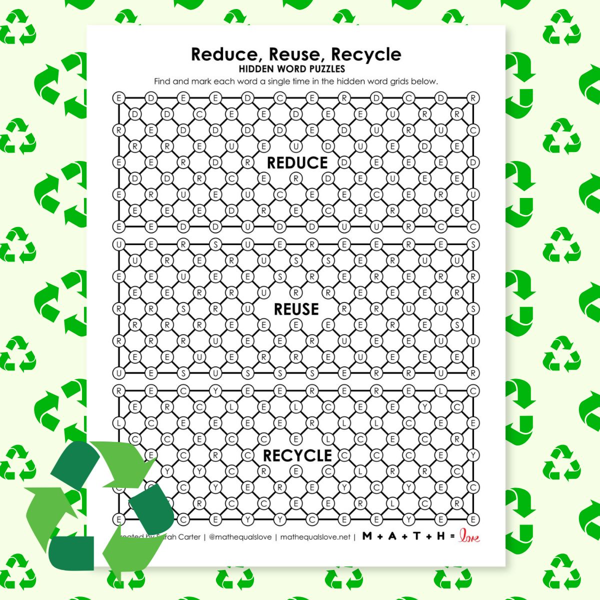 reduce, reuse, recycle hidden word puzzle for earth day.