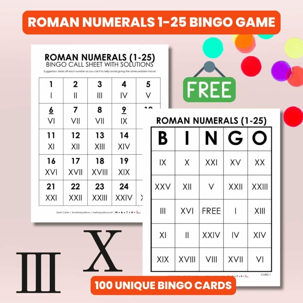 roman numeral bingo 1-25 free printable pdf.