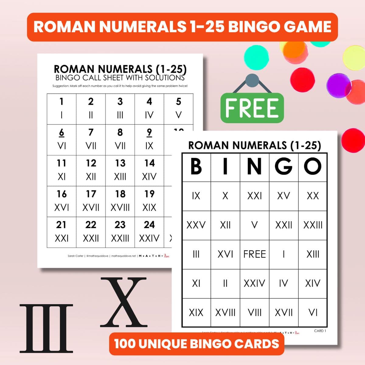 roman numeral bingo 1-25 free printable pdf.