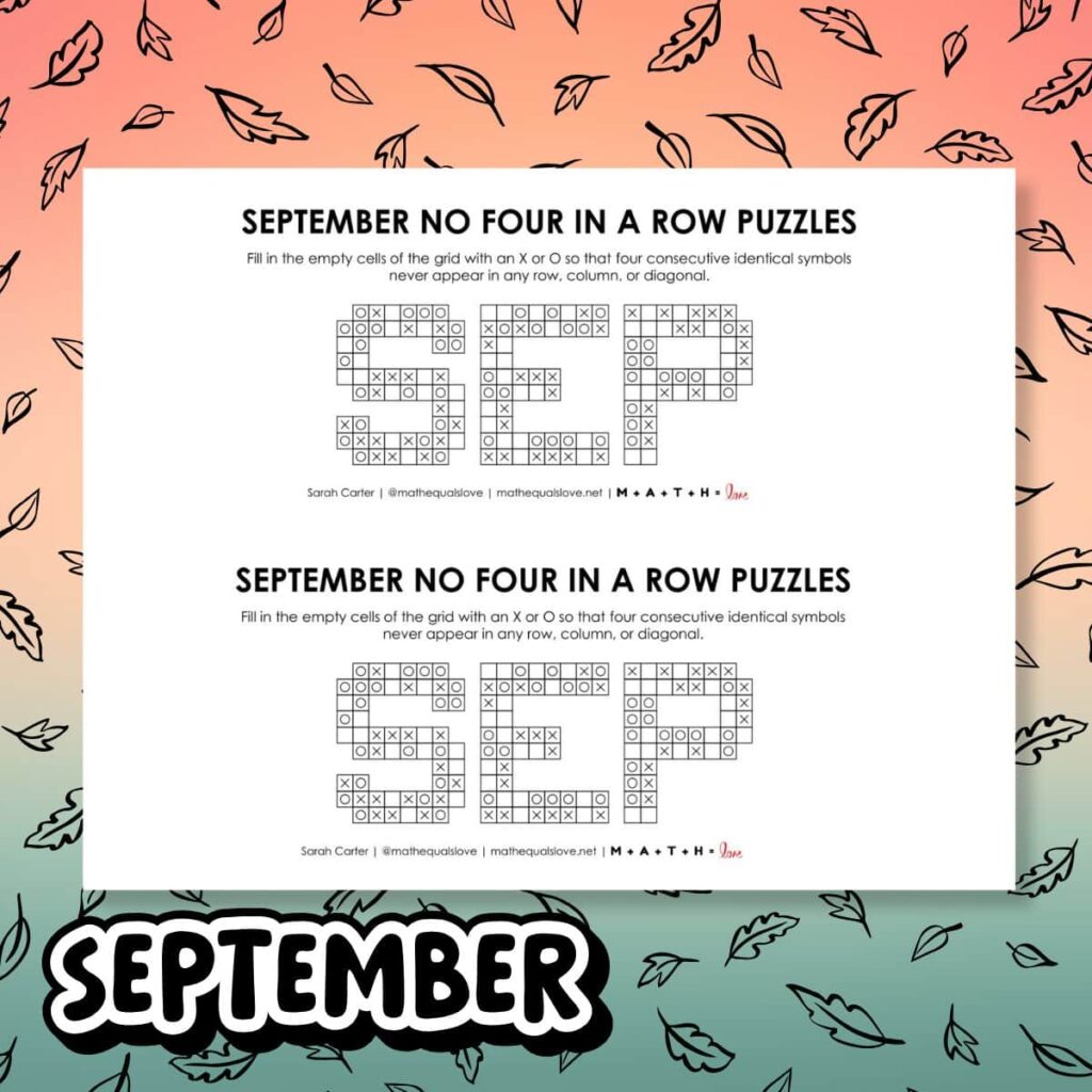 september no four in a row logic puzzles. 