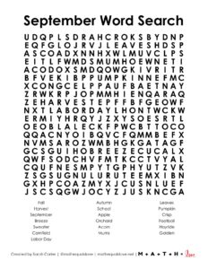 September Word Search Puzzle | Math = Love