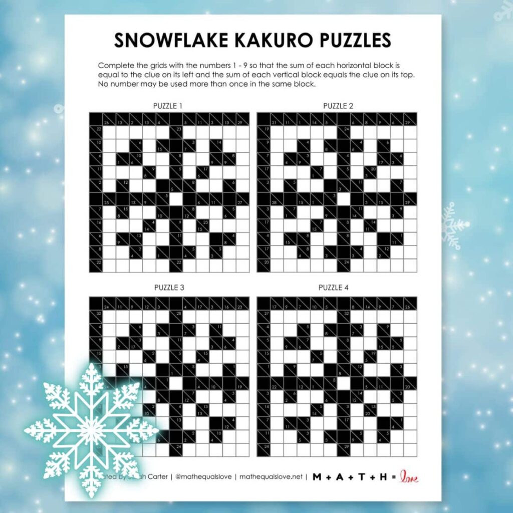 snowflake kakuro puzzles - logic puzzle for winter printable pdf. 