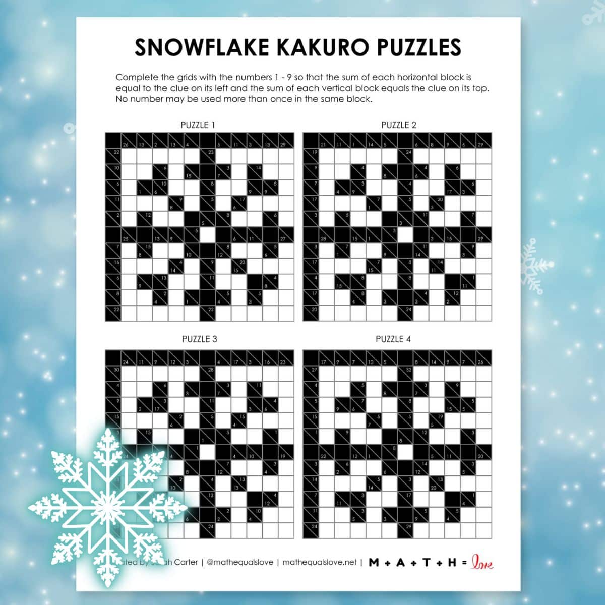 snowflake kakuro puzzles - logic puzzle for winter printable pdf.