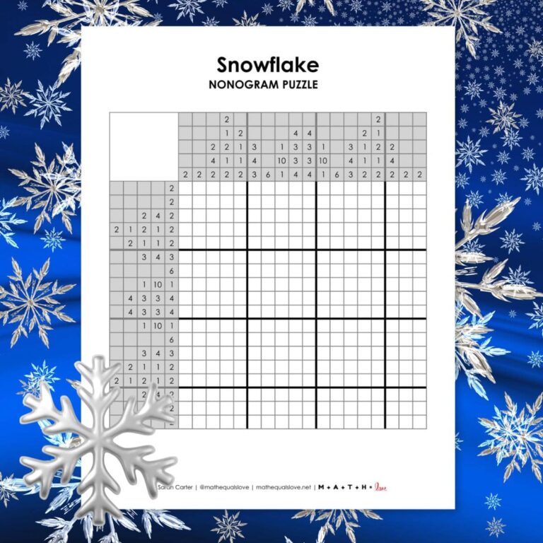 snowflake nonogram puzzle free printable pdf.