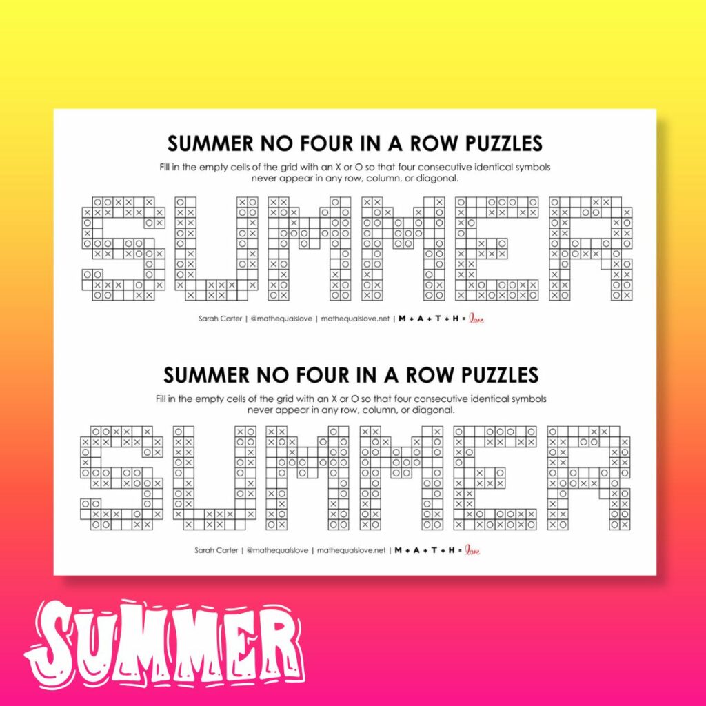 summer no four in a row logic puzzle printable pdf.