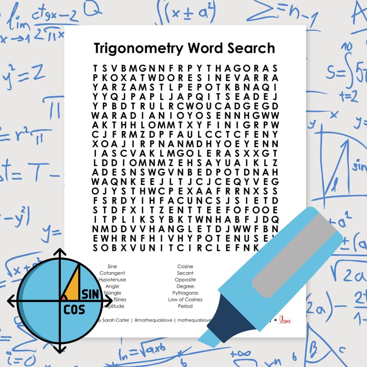 trigonometry word search puzzle free printable pdf for trig class.