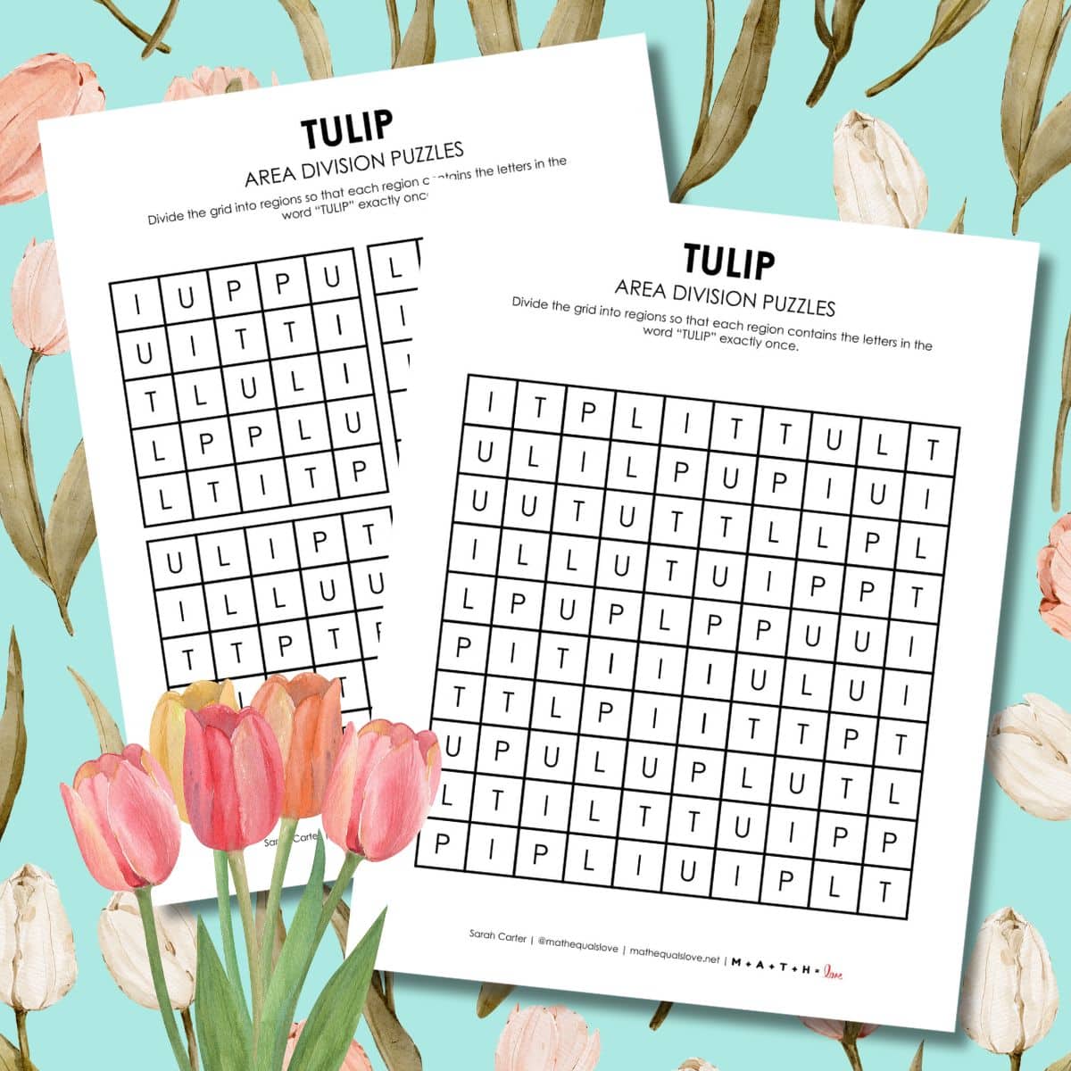 tulip area division logic puzzle for spring.