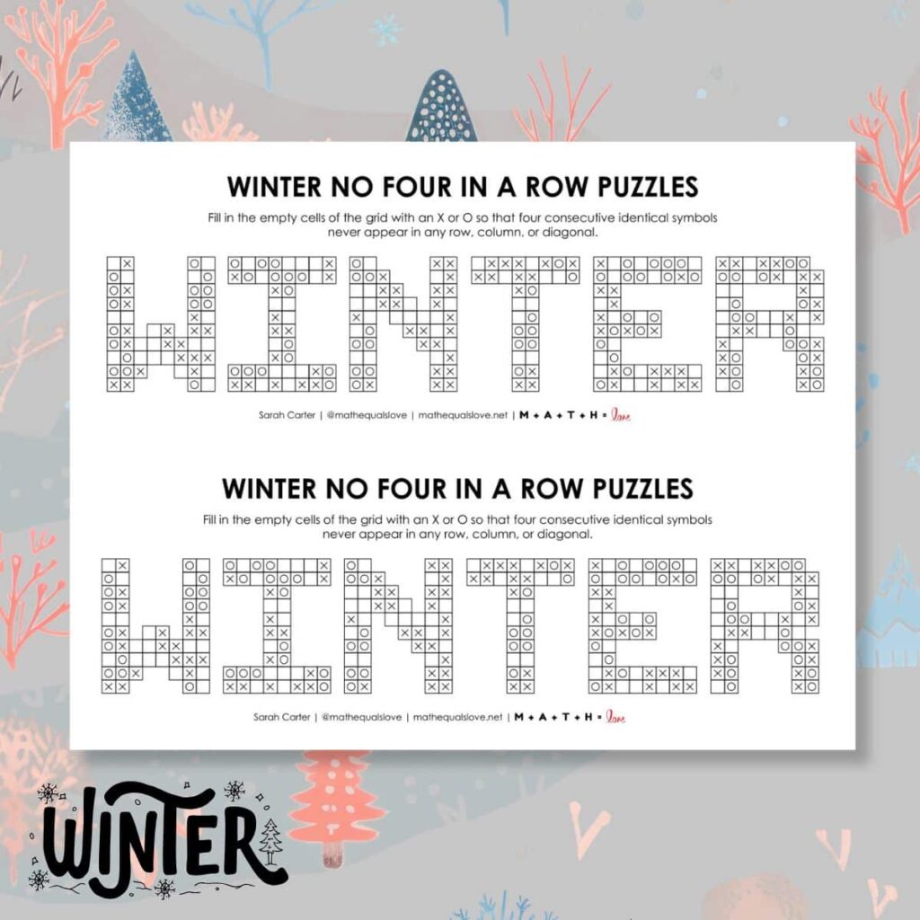 winter no four in a row logic puzzles free printable pdf. 