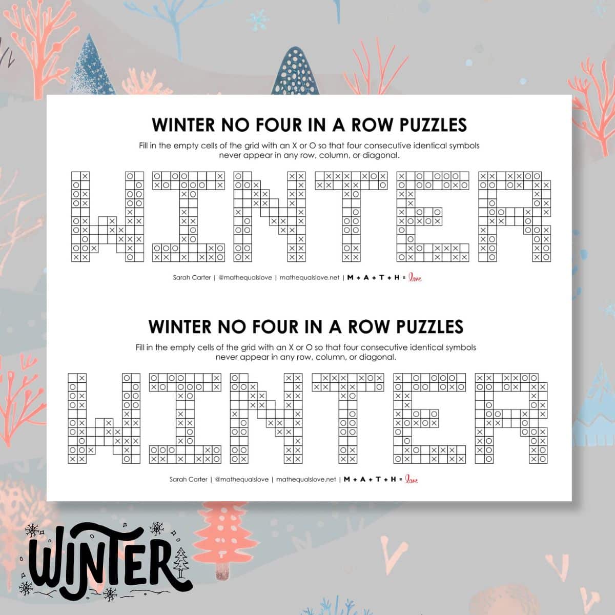 winter no four in a row logic puzzles free printable pdf.