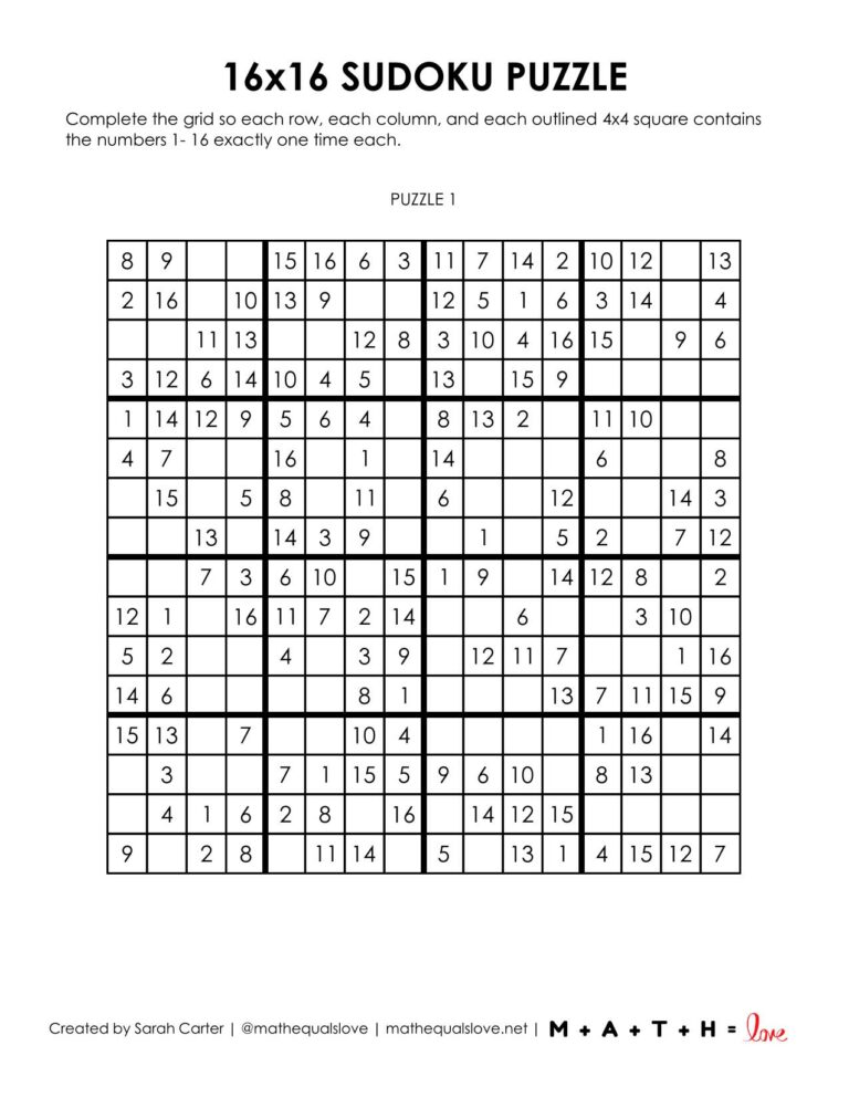 Free 16x16 Printable Sudoku Puzzles (PDF)
