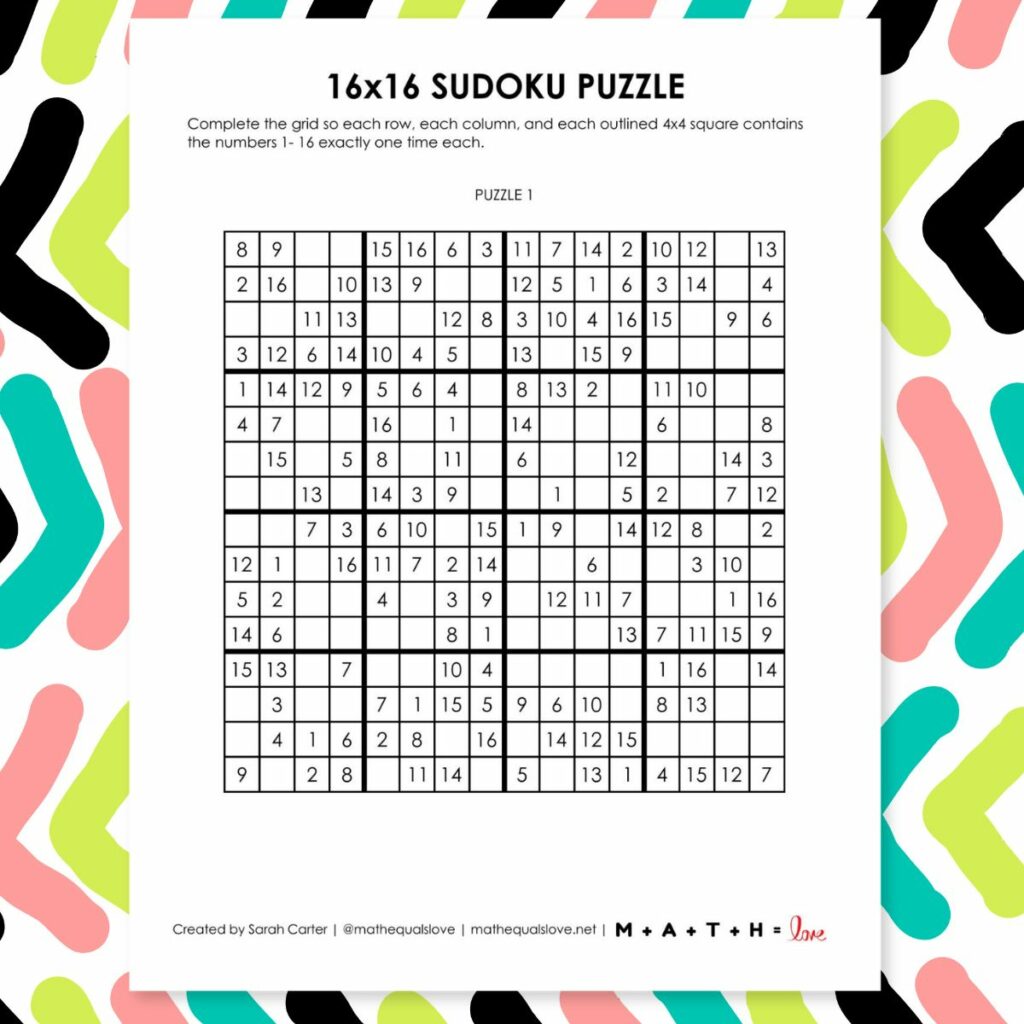 16x16 sudoku puzzle free printable pdf.