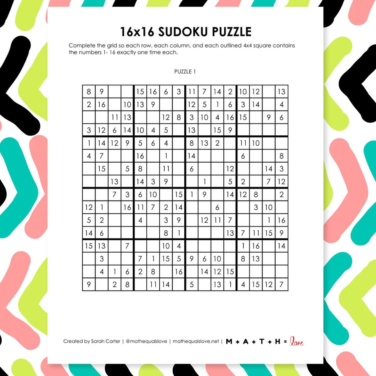16x16 sudoku puzzle free printable pdf.