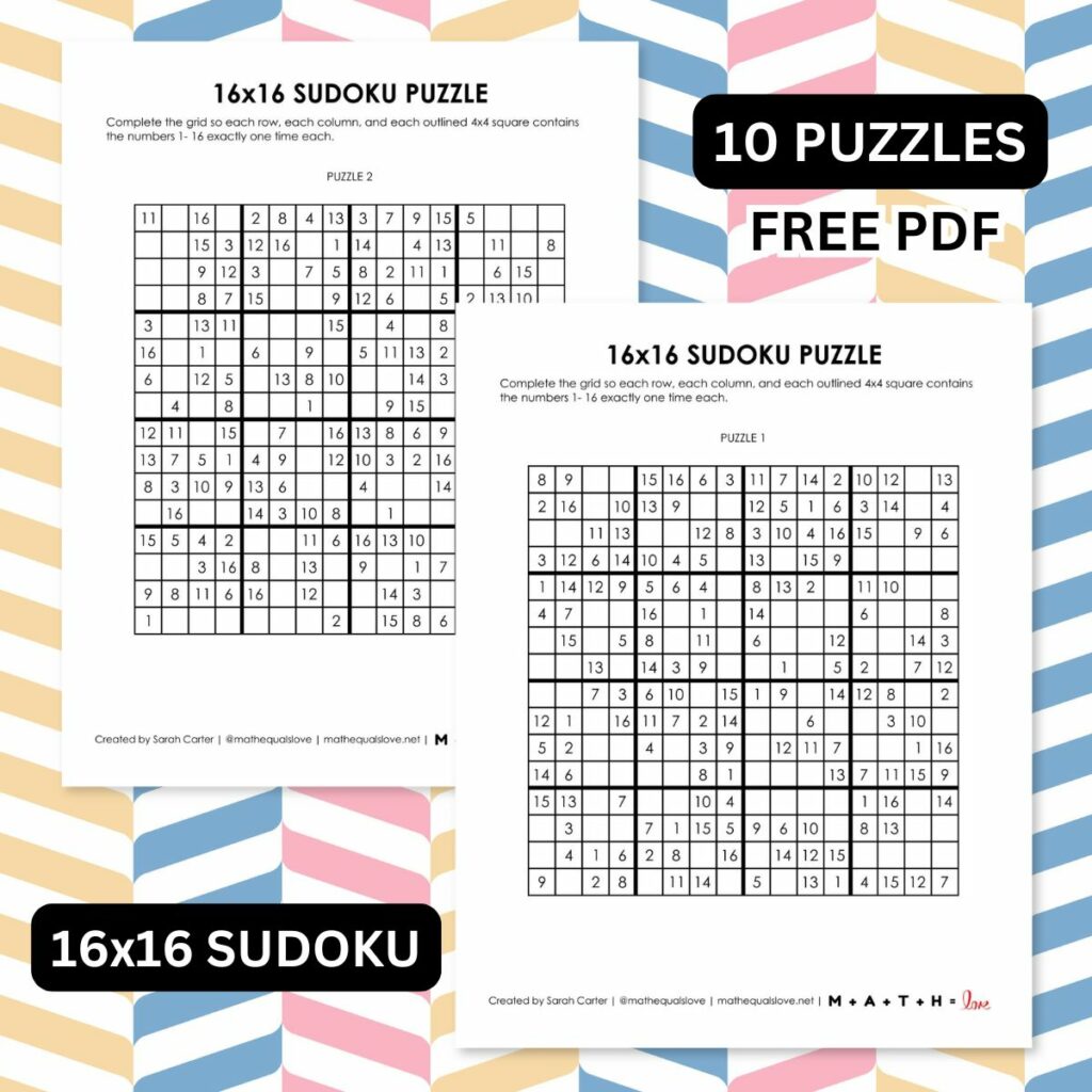 16x16 free printable sudoku puzzles.