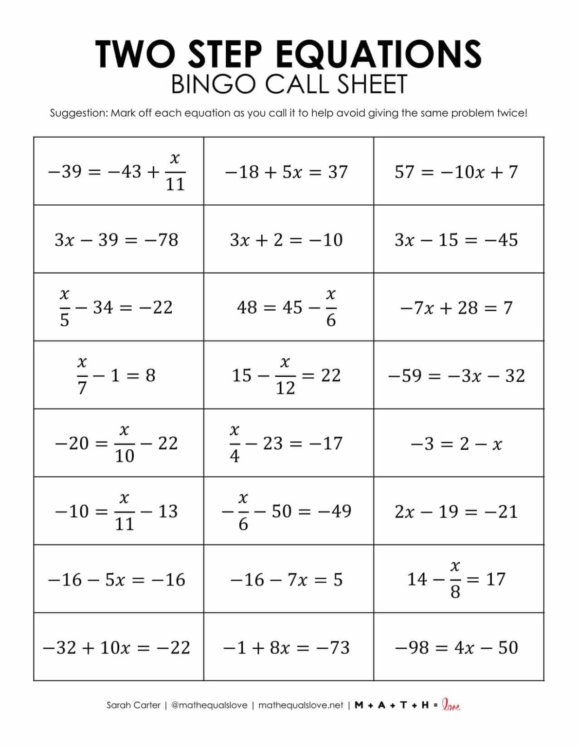 Two Step Equations Bingo Game (Free PDF)