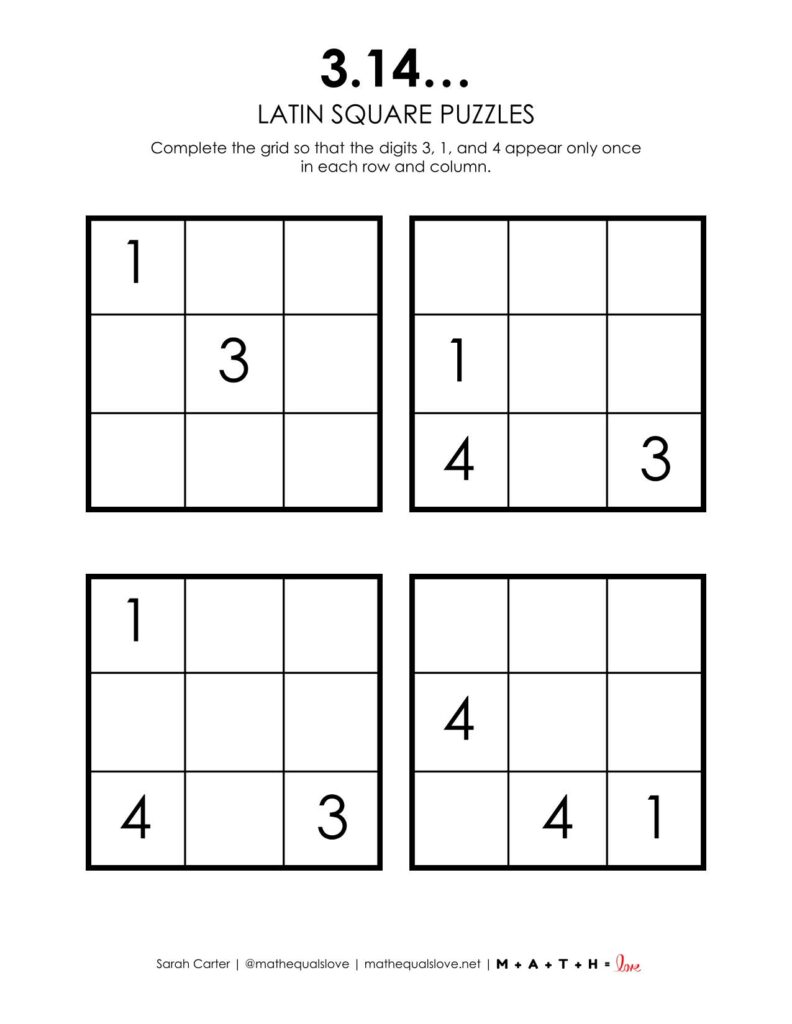 3-1-4 pi day latin square logic puzzle.